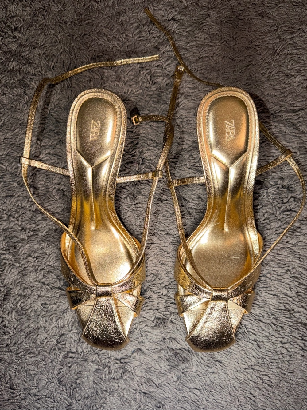 Zara Metallic Gold Strappy Knot-Heel Sandals